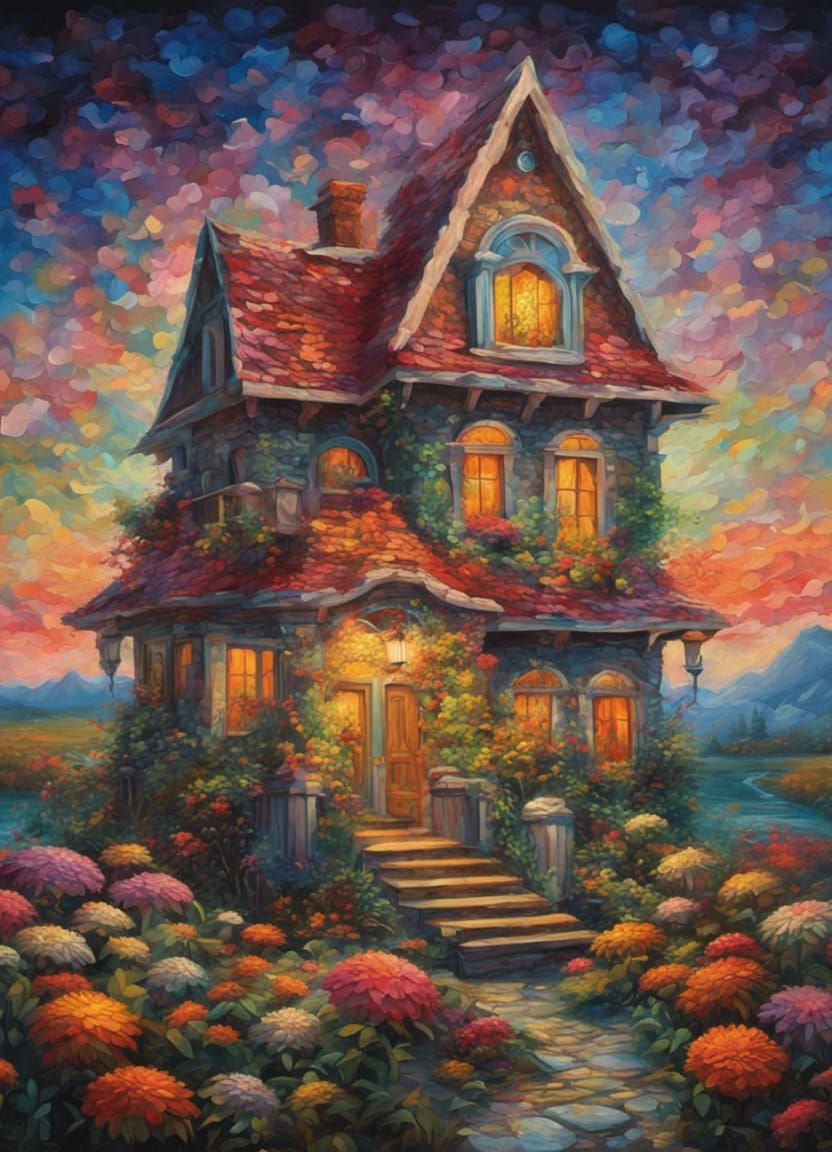 A house surrounded by flowers