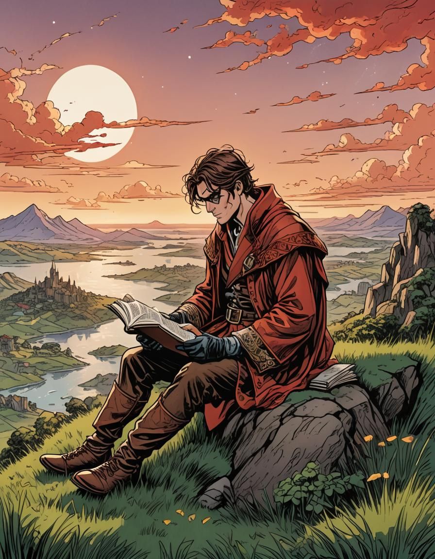 Fantasy Adventurer Reading Book in Comic Book Style