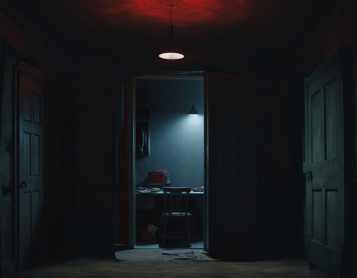 Mysterious Wardrobe in Dark Room Illuminated by Red Light