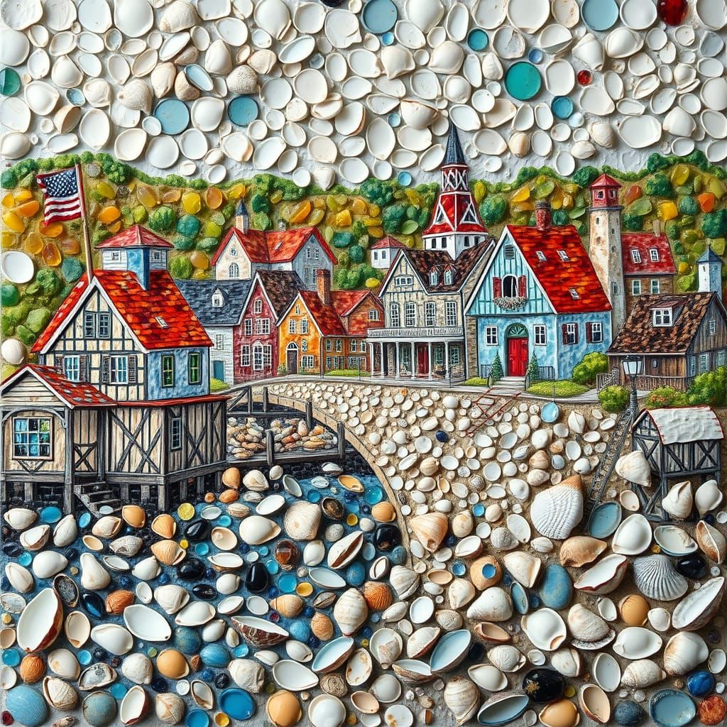 New England Coastal Town in Vibrant Shell Mosaic