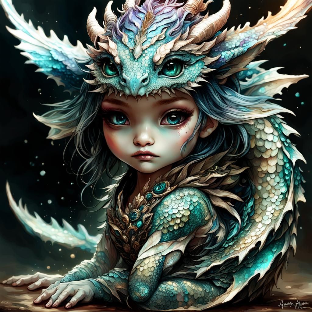 Iridescent Baby Dragon with Treasure, Detailed Fantasy Art