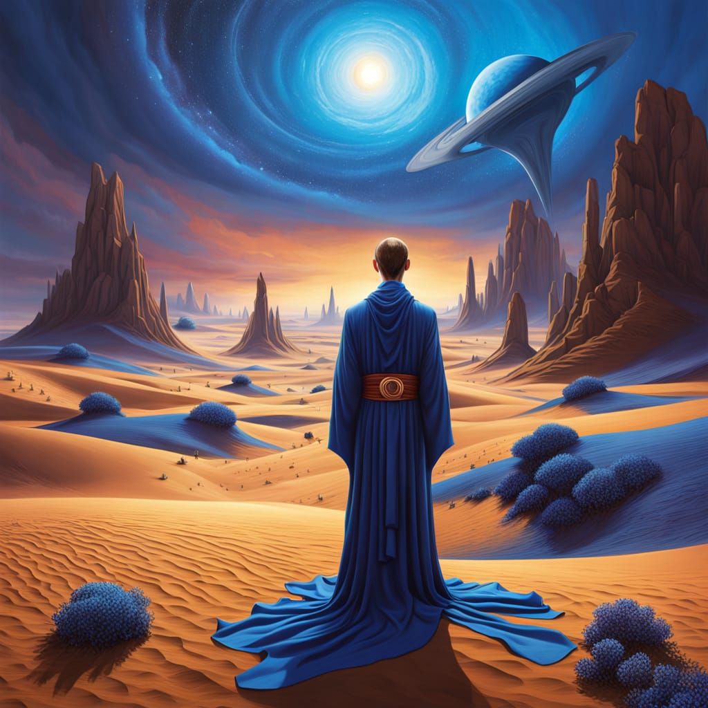Alien Monk Meditating in Cosmic Desert Landscape