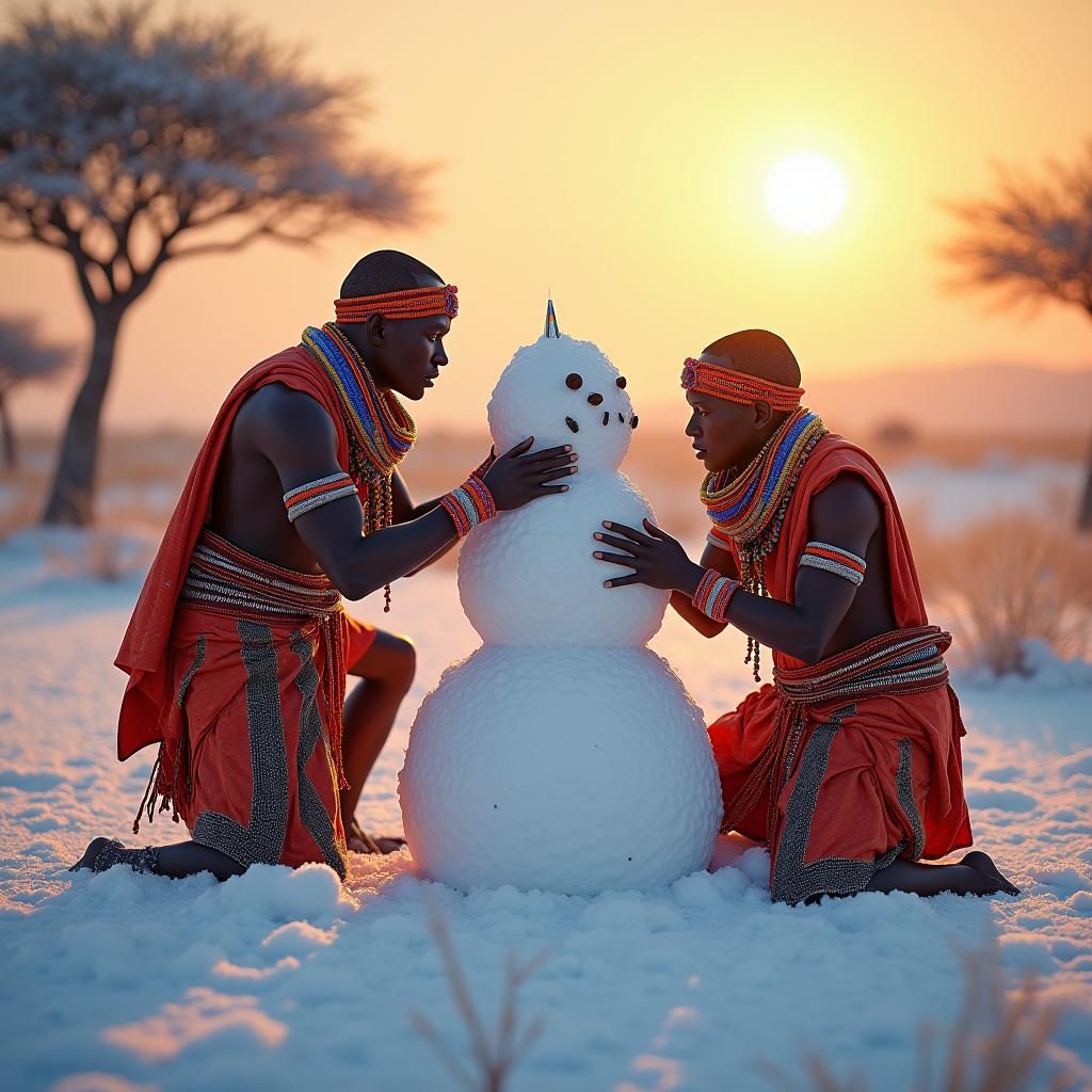 Maasai Warriors Build Snowman on Savannah