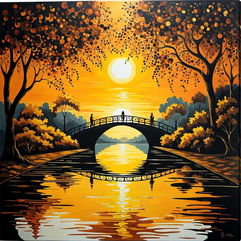 Expressionist Bridge at Sunset with Golden Reflections