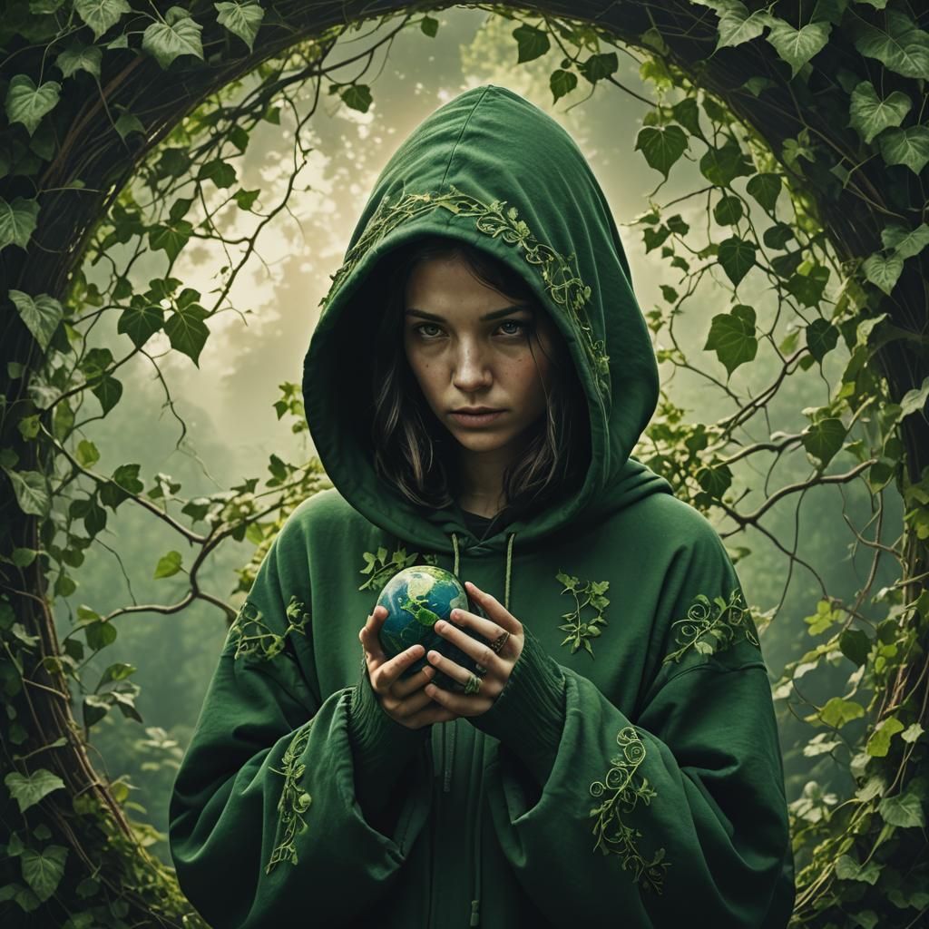 Hooded Figure Holds Earth: Cinematic Film Still