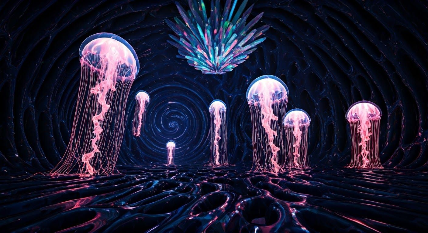 Ethereal Jellyfish Rise in Dark, Glistening Cavern