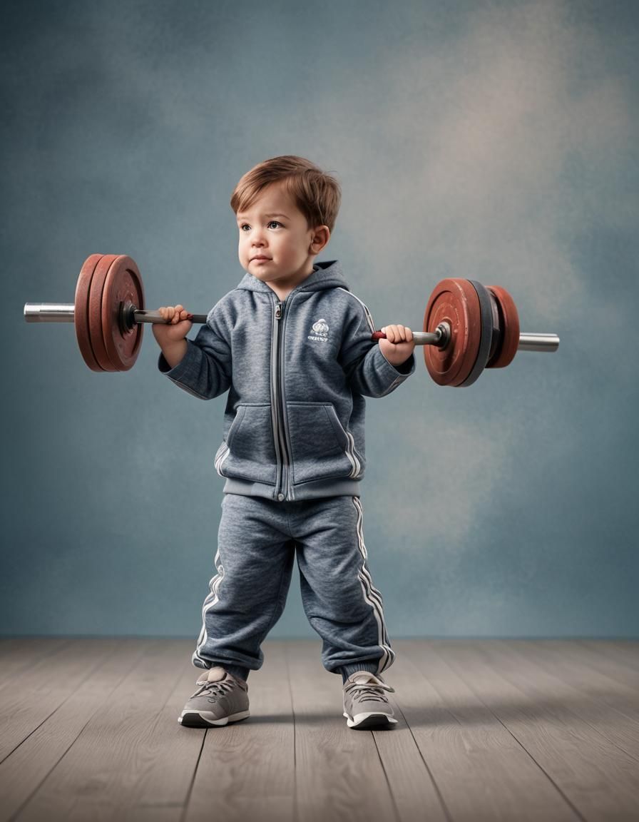 Toddler Weightlifter in Woven Wood Studio: Professional Phot...