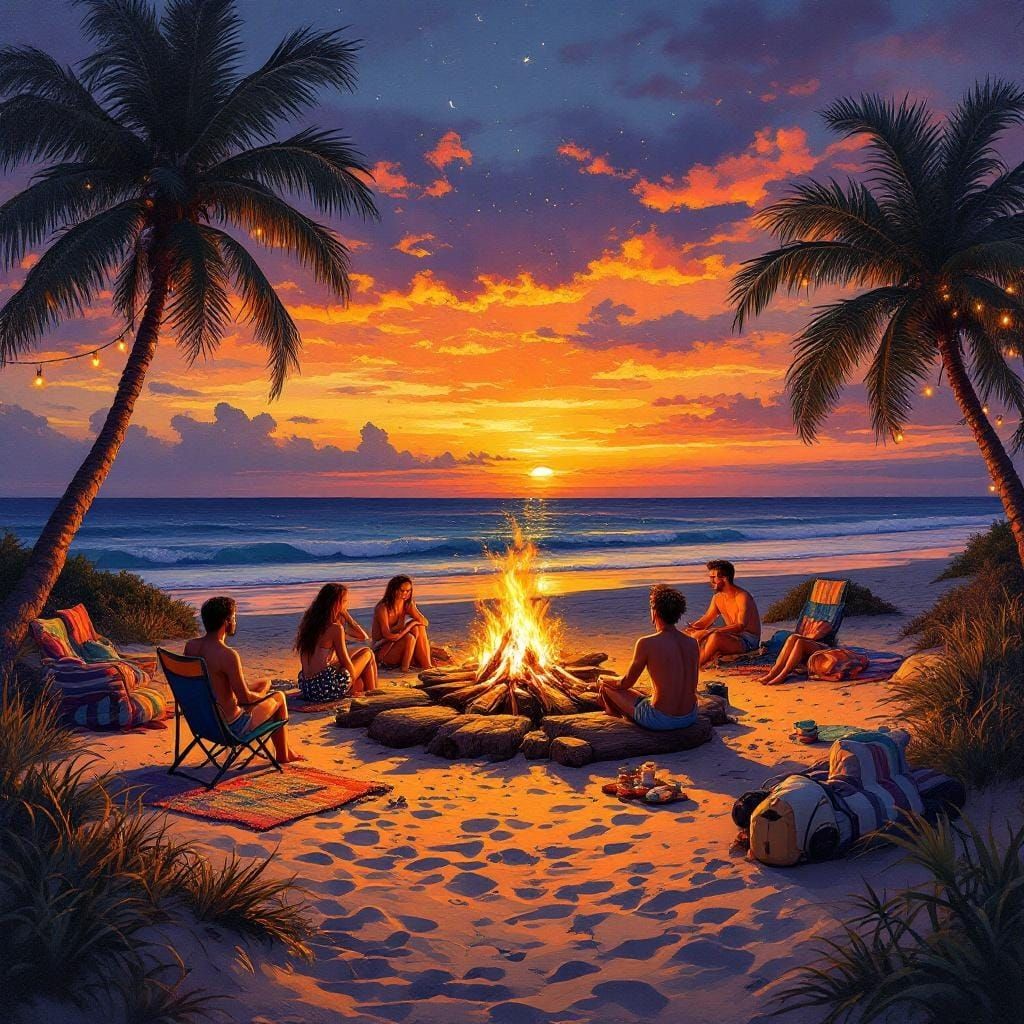 Beach Bonfire at Twilight: An Impasto Oil Painting
