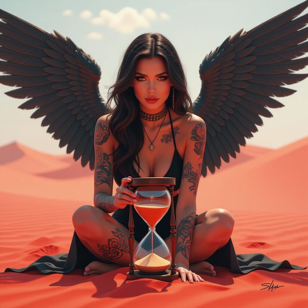Tattooed Angel with Hourglass in Futuristic Noir Style