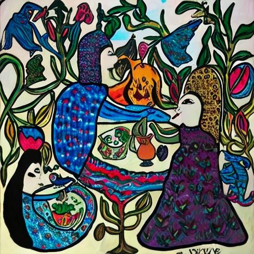 Algerian Girls Play in Garden: Naive Abstract Art