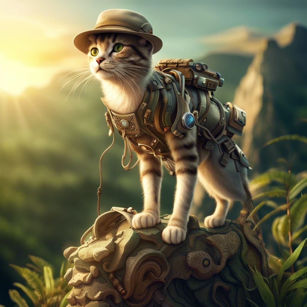 Cat Explorer's Mountain Ascent at Sunset