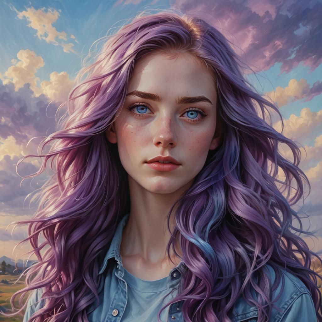 Hyperrealistic Portrait of Woman with Purple Hair