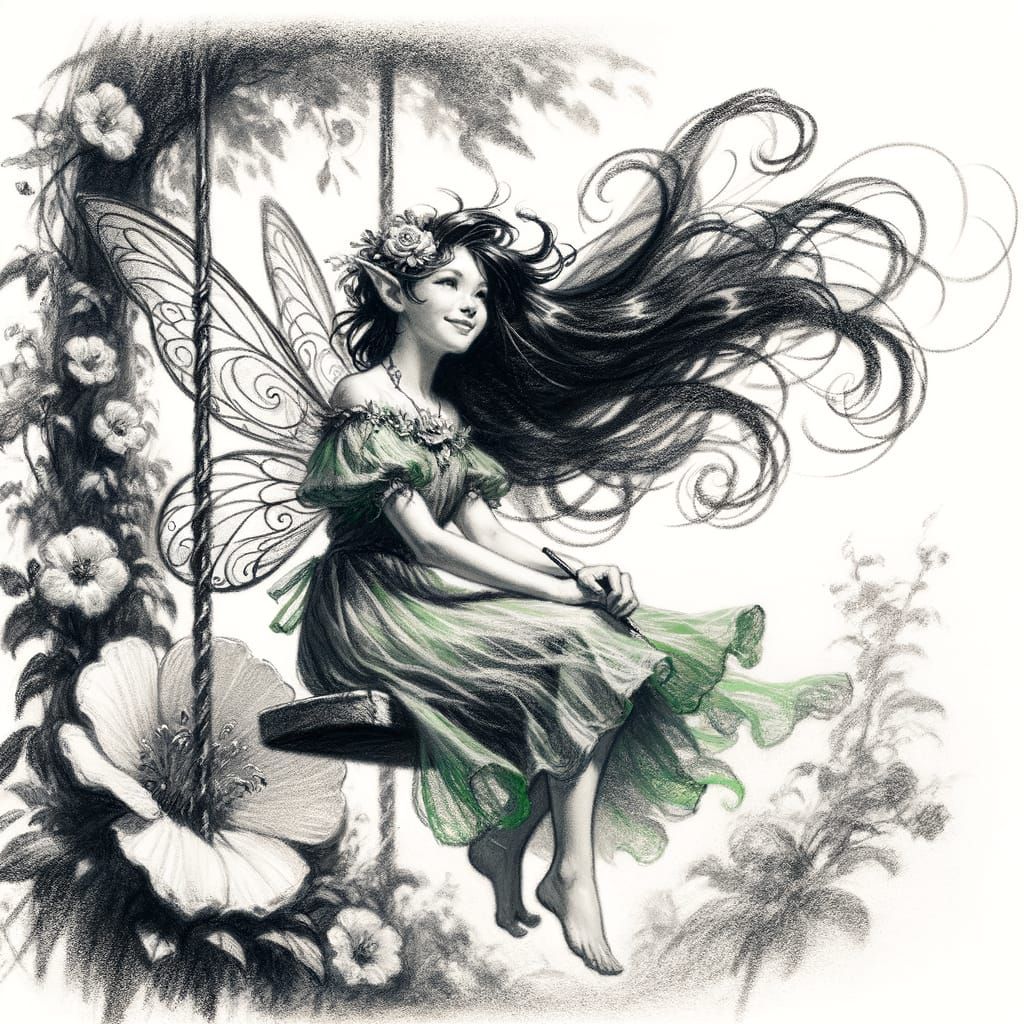 Faerie Princess on Flower Swing in Post-Impressionist Style