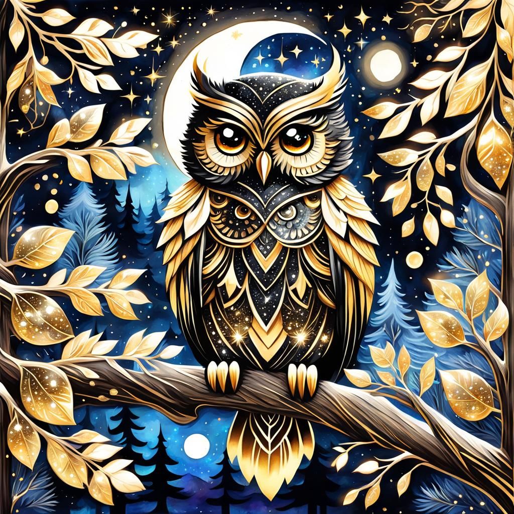 Luminescent Gold Owl at Midnight, Abstract Art