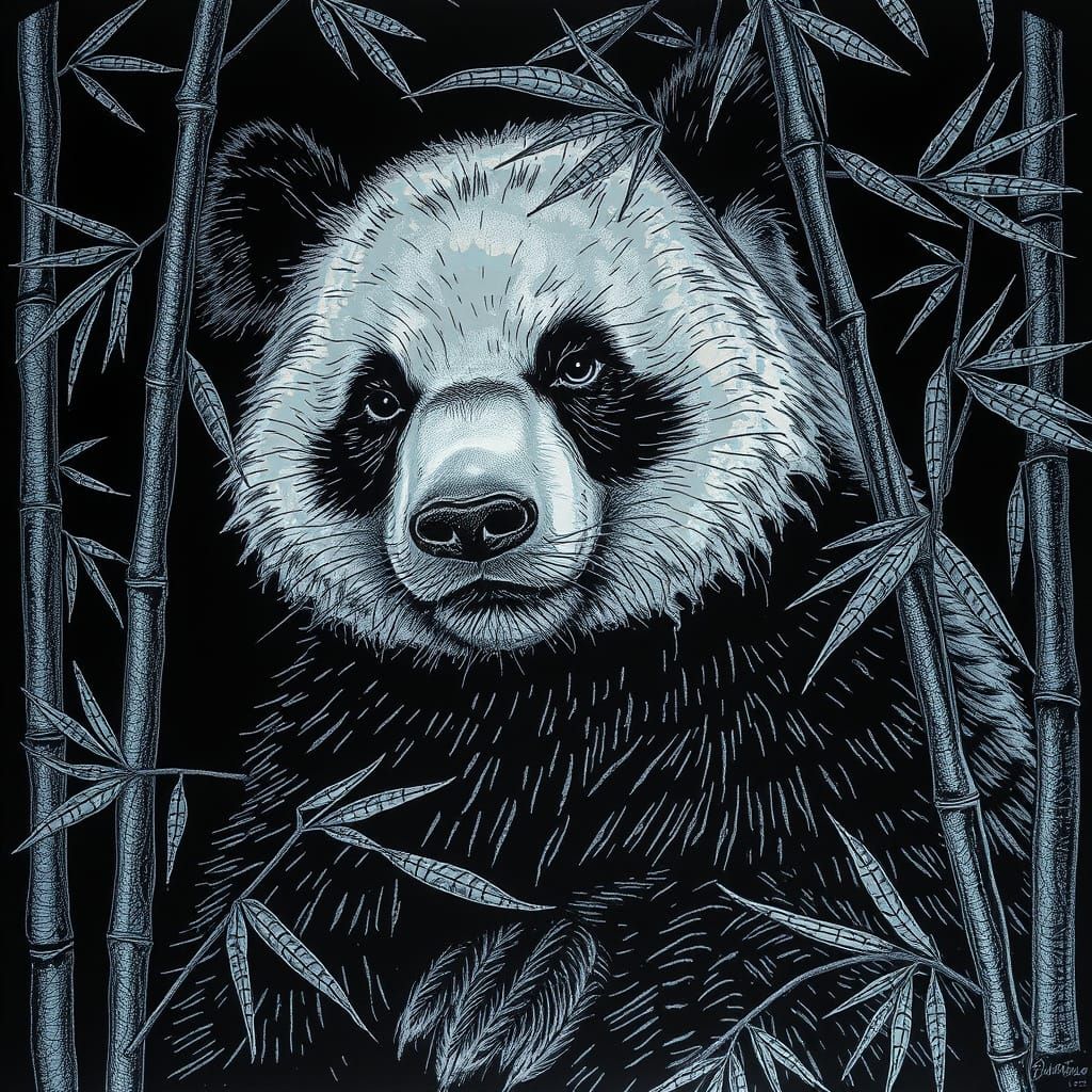Panda in Elegant Nightscape Scratchboard Art
