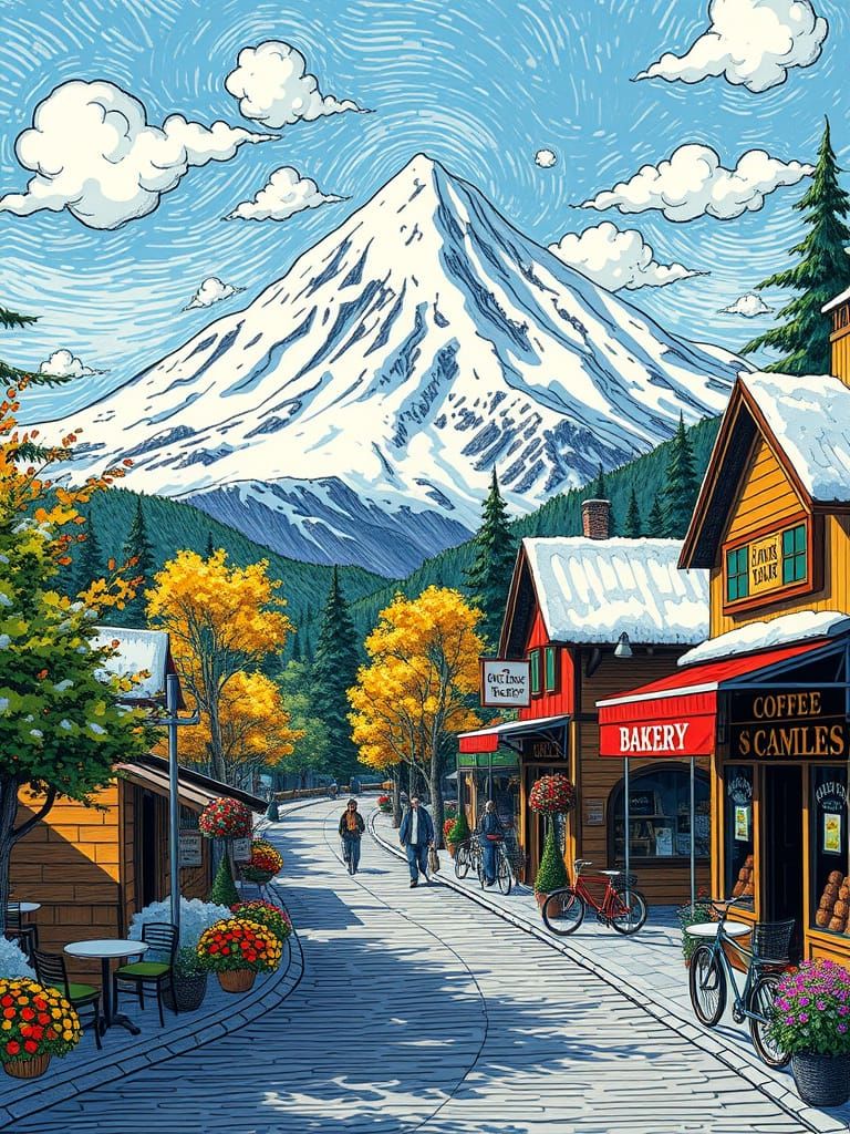 Winter Wonderland Village Scene in Whimsical Style