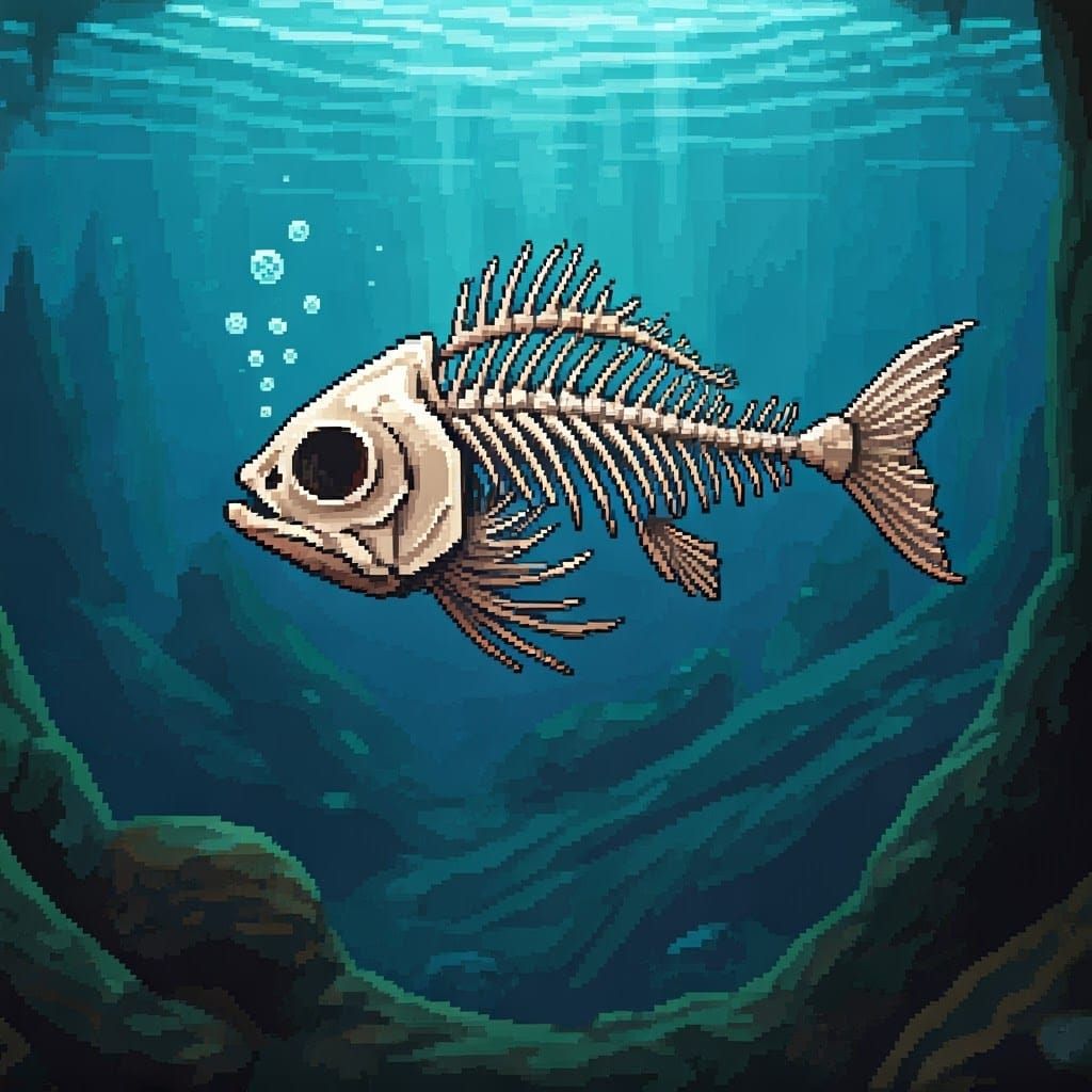 skeleton fish underwater, pixel art