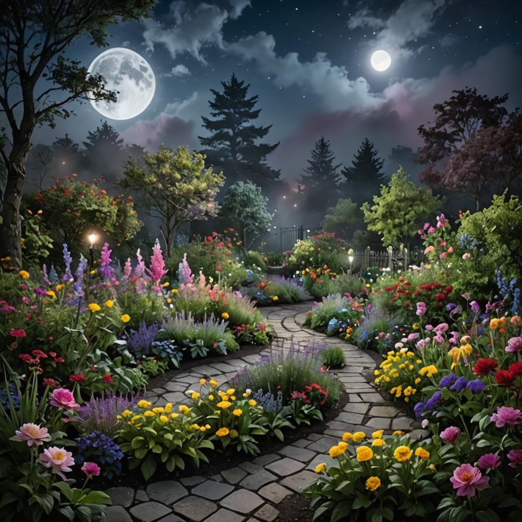 Moonlit Garden with Swirling Colored Mist