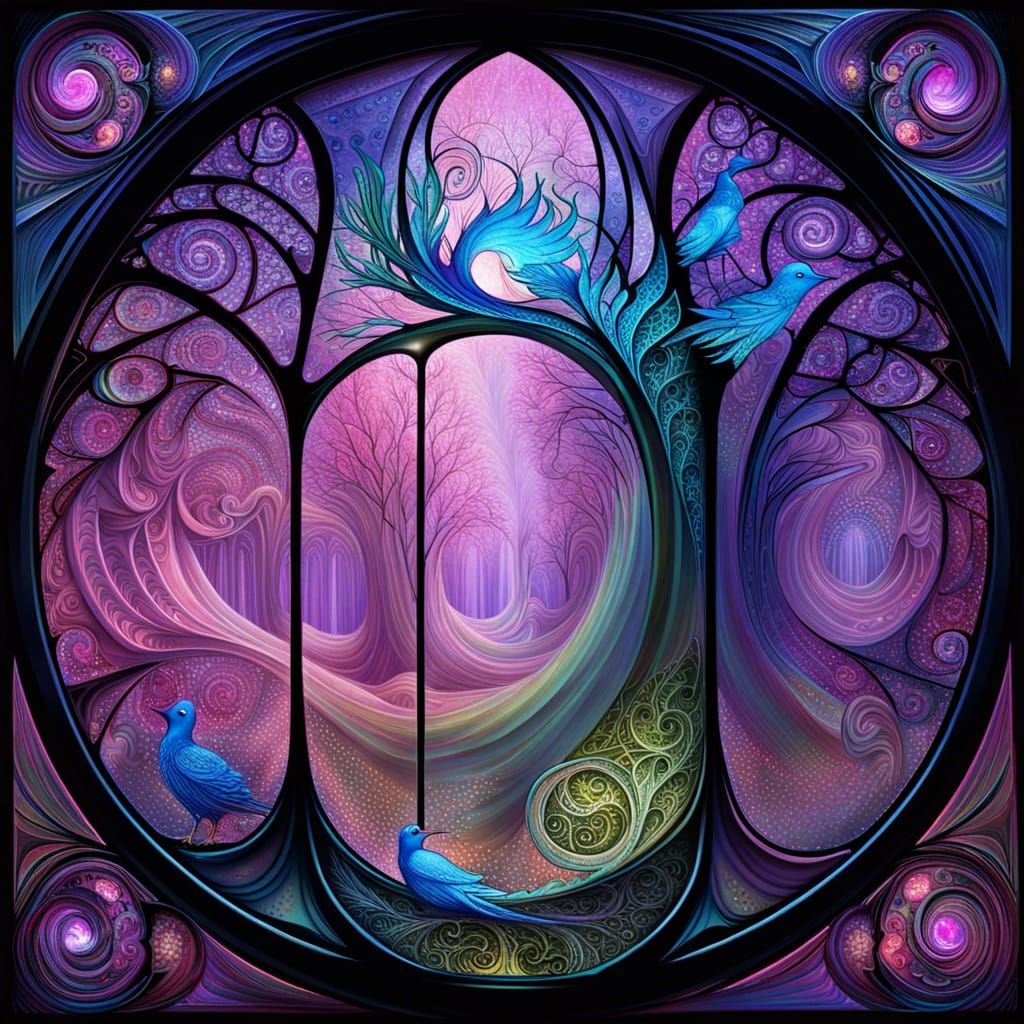 Magical Forest with Birds in Art Nouveau Style