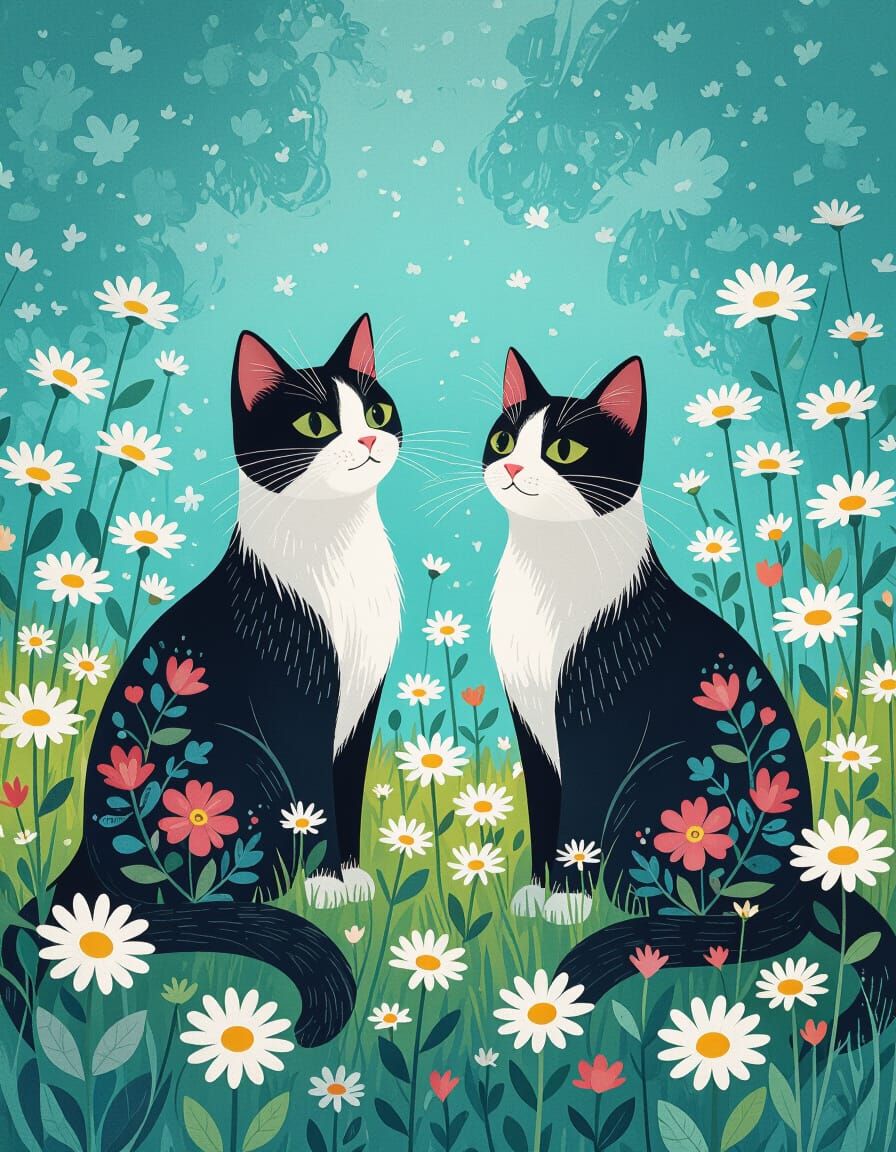 Elegant Cats with Floral Embroidery in Watercolor Meadow
