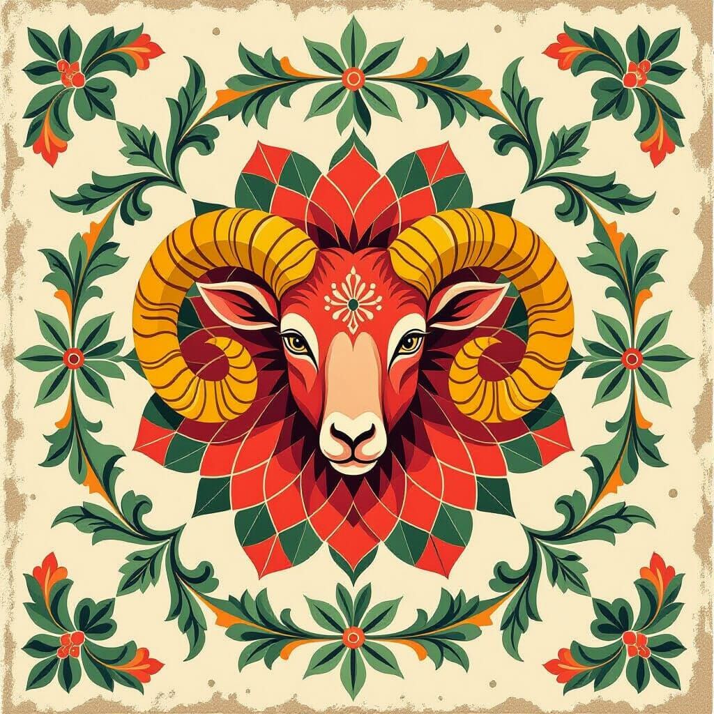 Vibrant Aries Ram Medallion on Chettinad Tile