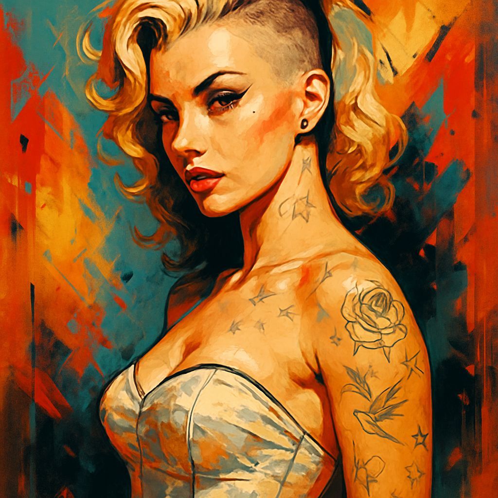 1950s Pin Up with Shaved Head and Tattoos