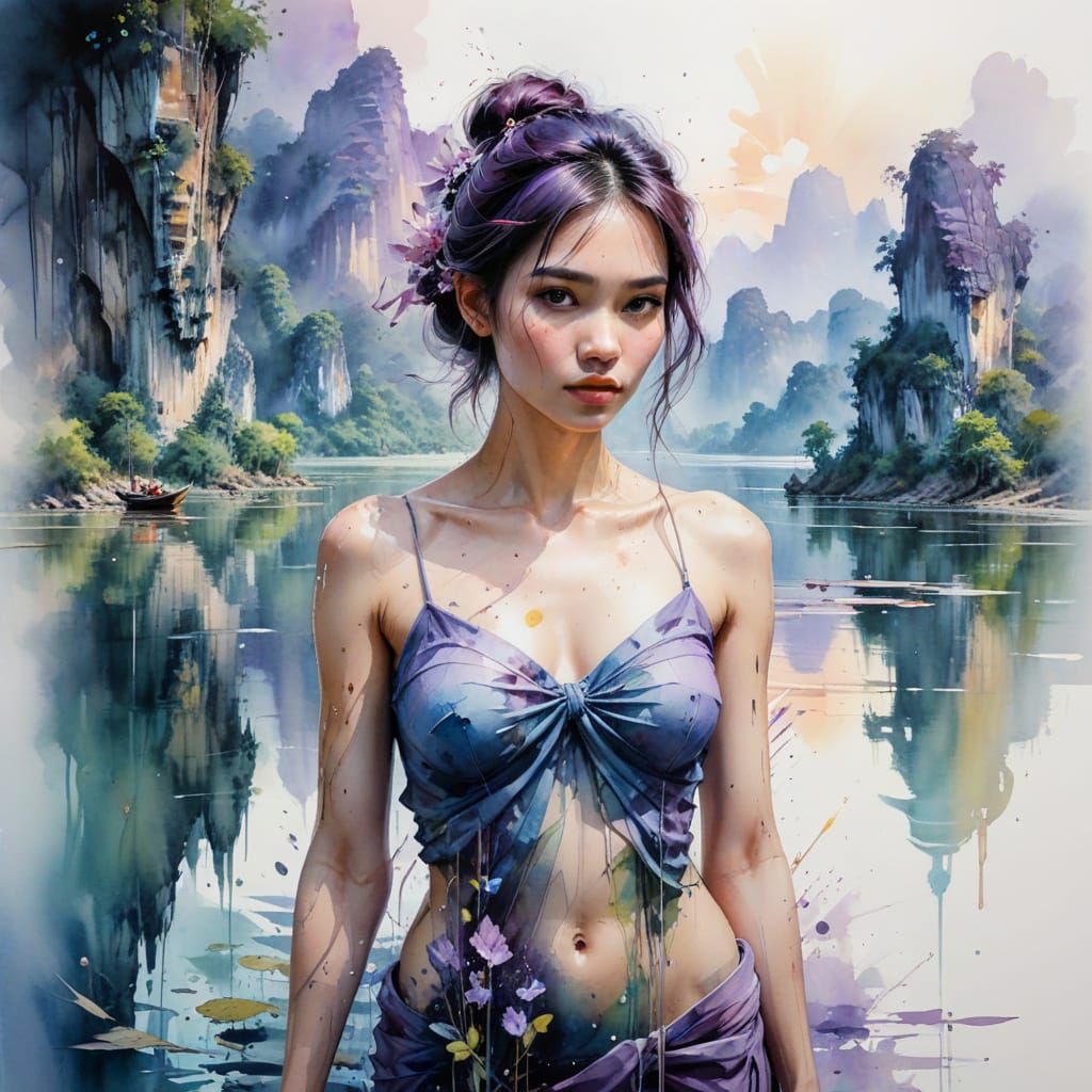 Hpa-An Myanmar Twilight Landscape in Watercolour Style