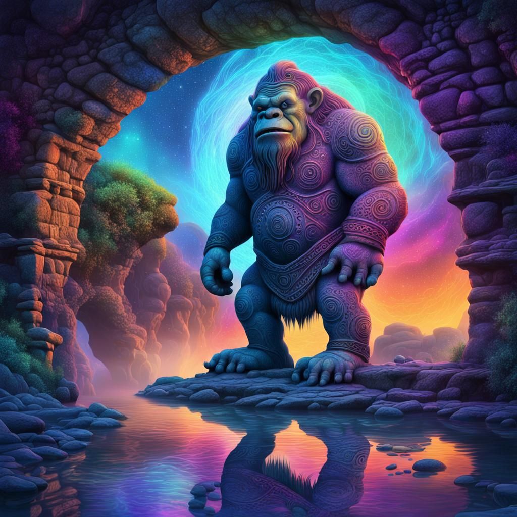 Stone Troll Under Ancient Bridge in Surreal Style
