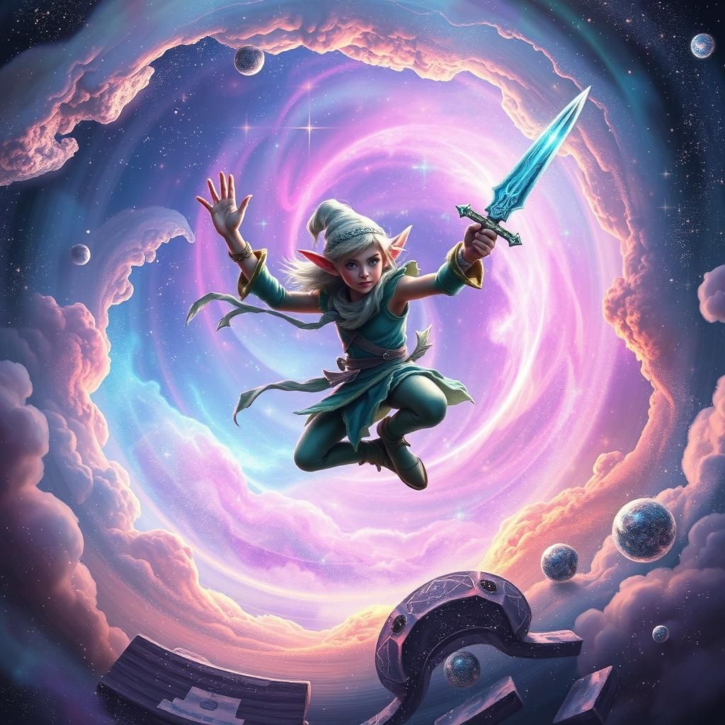 Elf Leaping Through a Cosmic Dream in Surrealist Style