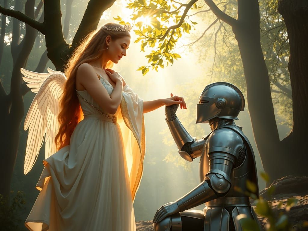 Divine Being Offers Comfort to Young Knight in Ethereal Fore...
