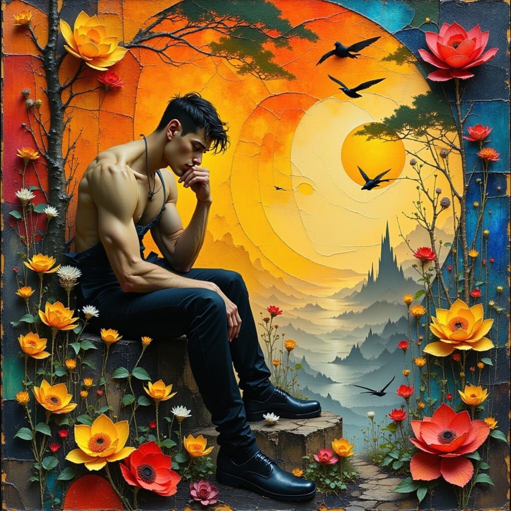 Surreal Gay Man in Cubist Baroque Landscape