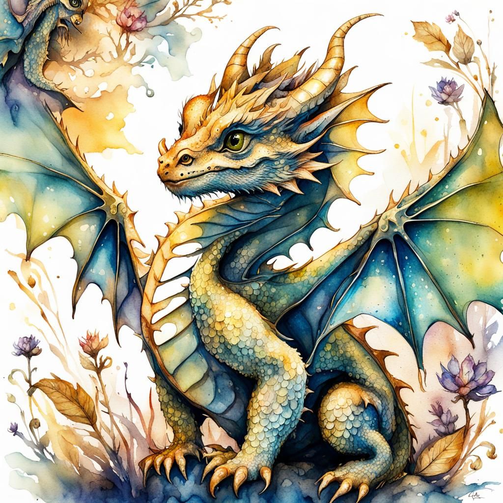 Adorable Baby Dragon in Watercolor Wonderland
