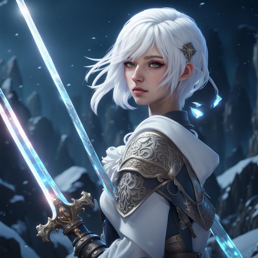 Anime Girl with Rapier and Floating Crystal Ice