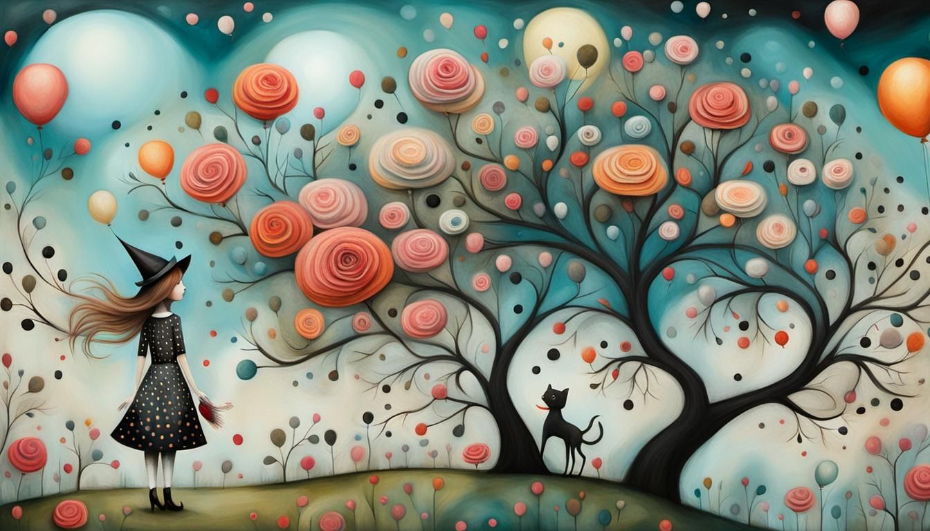 Stylized Girl with Balloons in Pop Surrealism Style