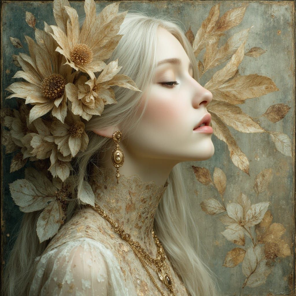 Ethereal Woman with Silver Hair and Floral Adornments
