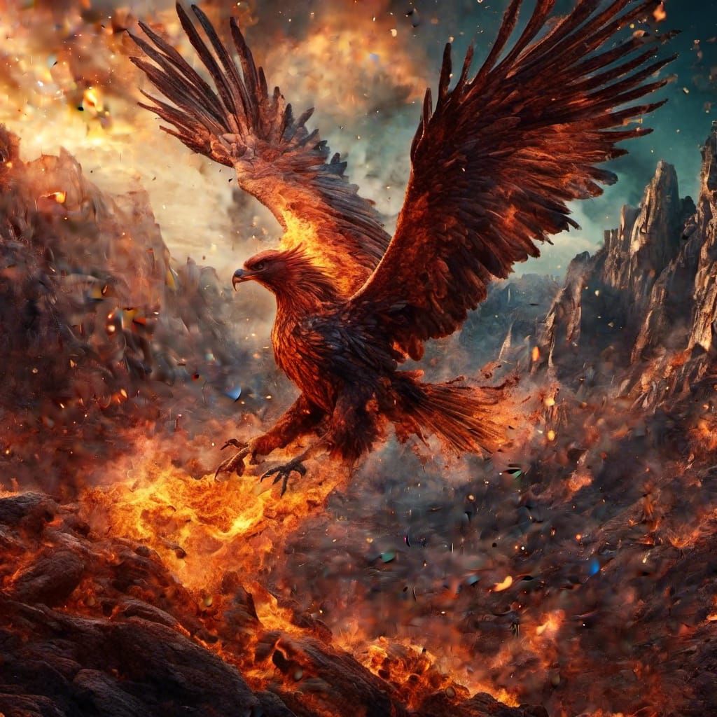 Phoenix Soaring Over City with Fiery Trail