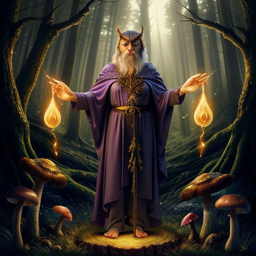 Mystical Owl Wizard in a Misty Forest Realm