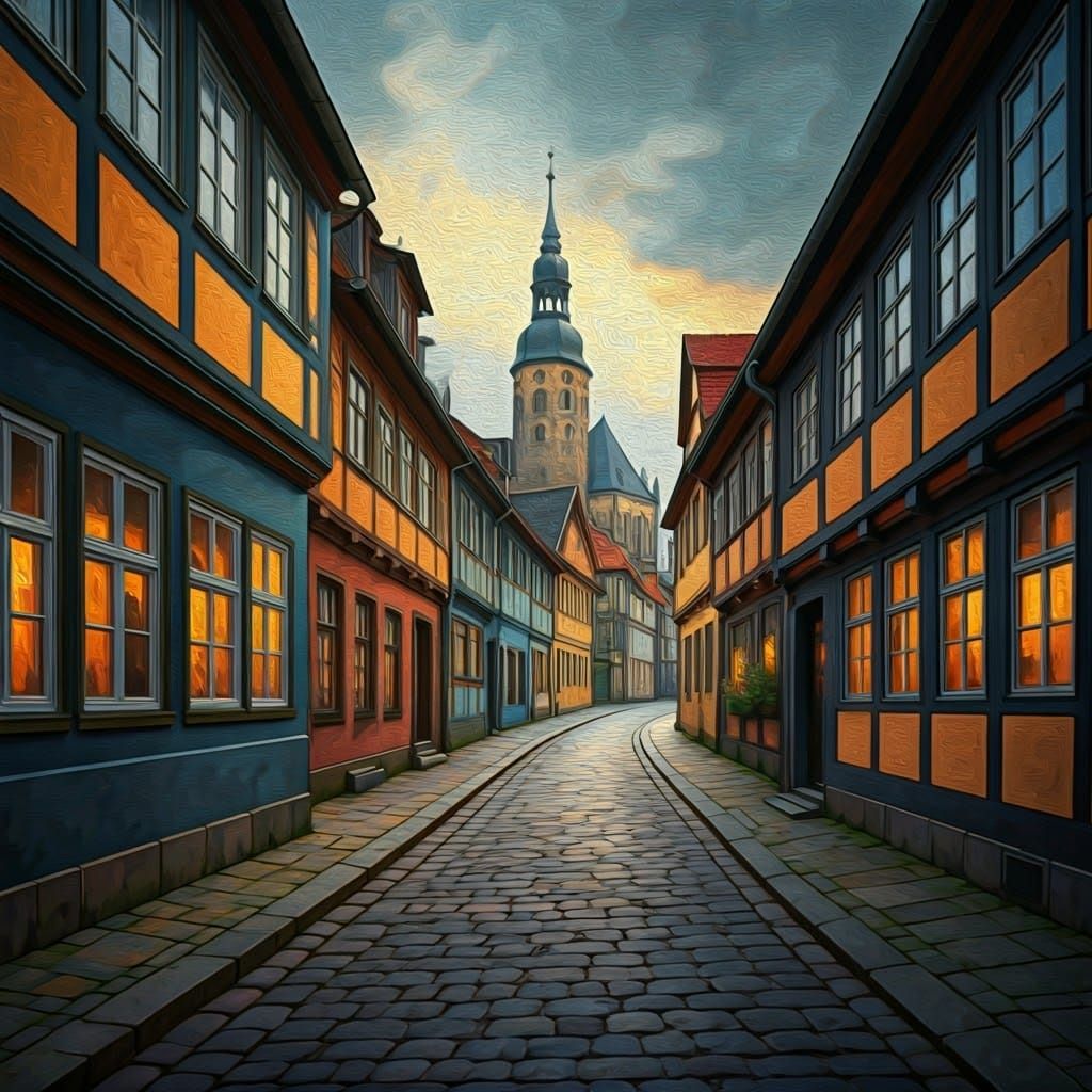 Cobblestone Street in 17th Century Germany as Impasto Painti...