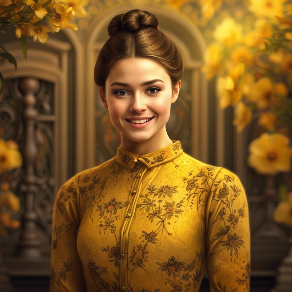 Hyperrealistic Image of a Smiling Girl in Yellow Dress