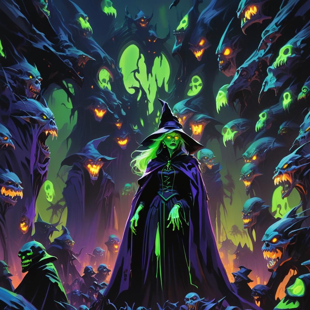 Fluorescent Witch Amidst Vampires on Halloween Night