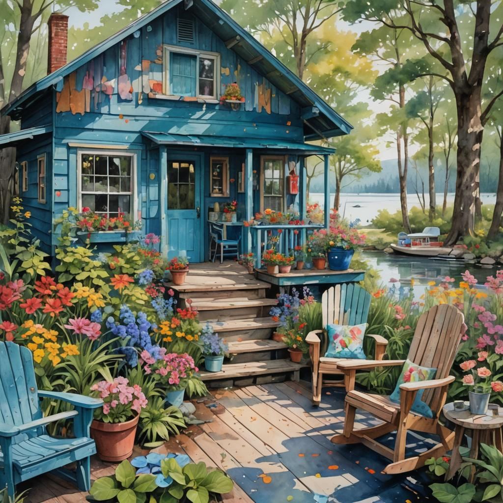 Idyllic Lakeside Cabin in Alcohol Ink Watercolor