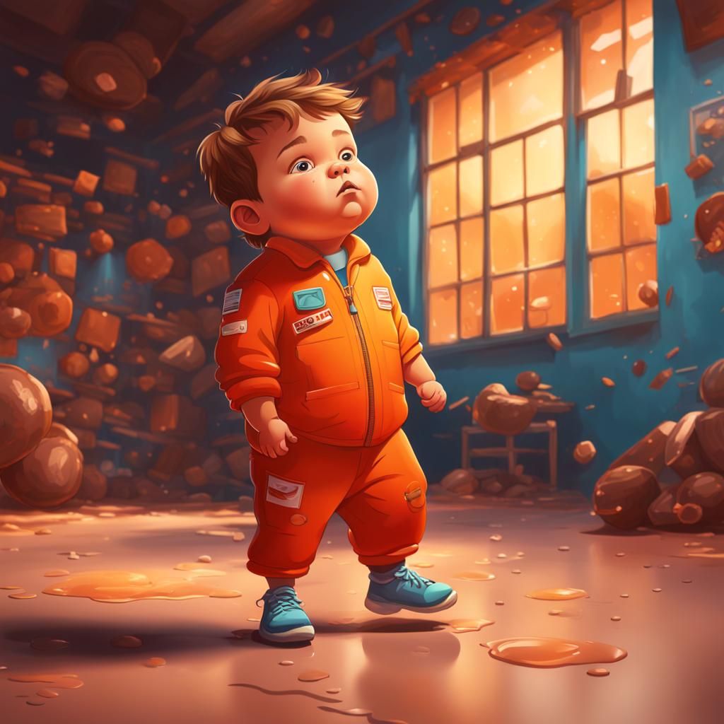 Cartoon Kid in Orange Jumpsuit: Hyperrealistic Splash Art