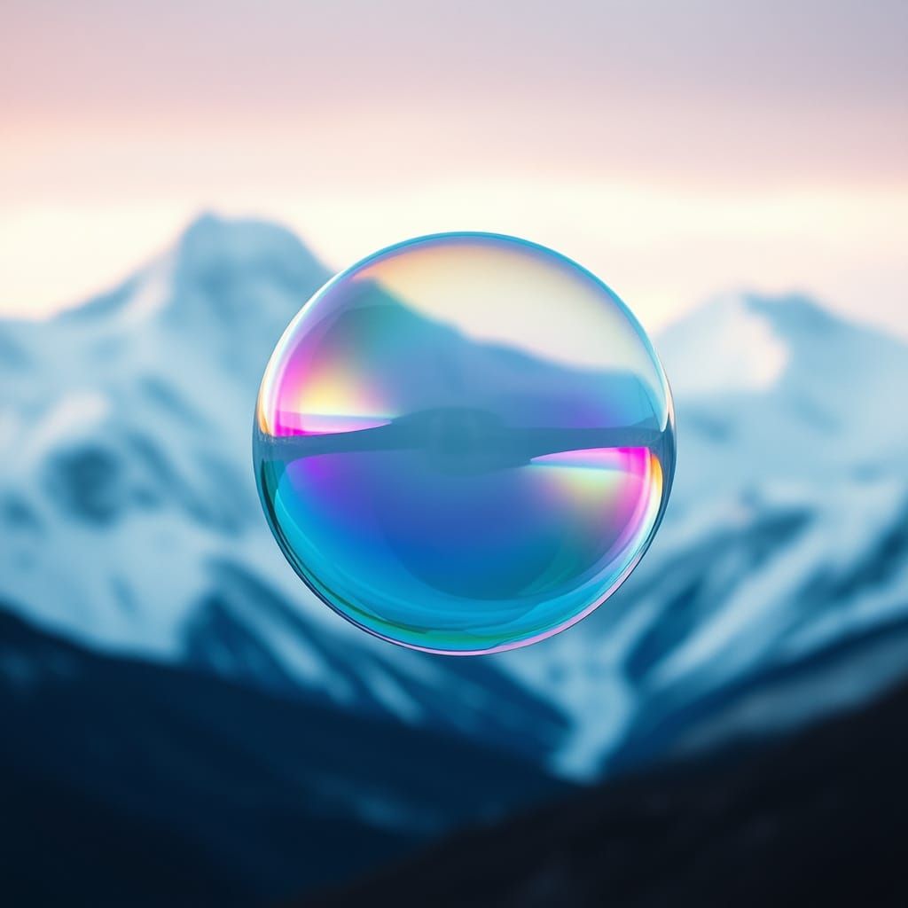 Ethereal Film Noir Bubble in Snowy Mountain Landscape