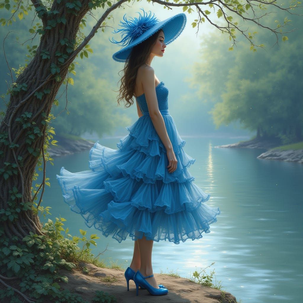 Woman in Blue by River: Hyperrealistic Oil Illustration