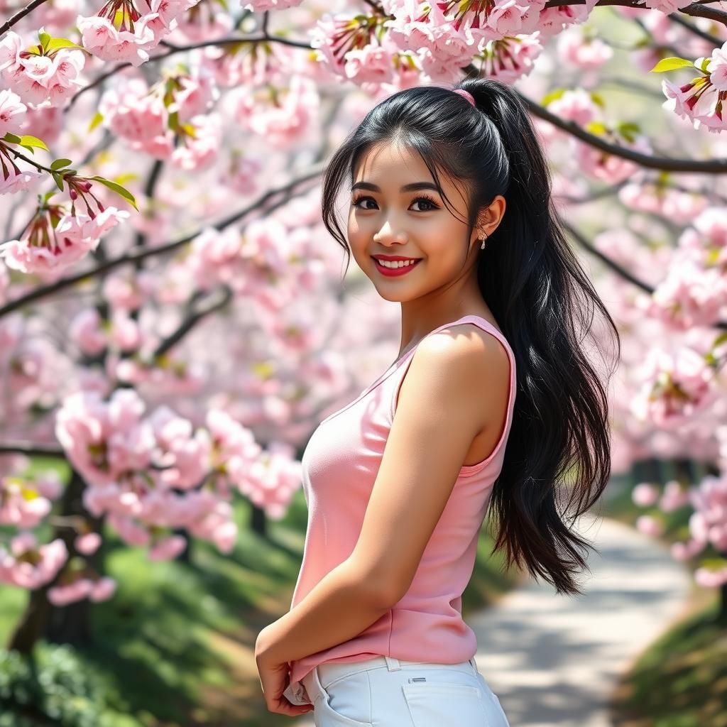 Joyful Woman in Japanese Park, Watercolor Style