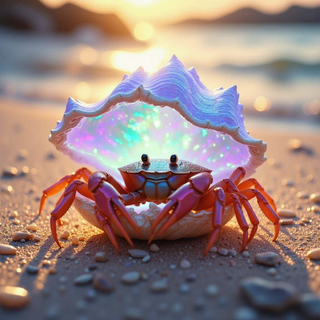 Crab Claims Opalescent Shell on Sunny Beach