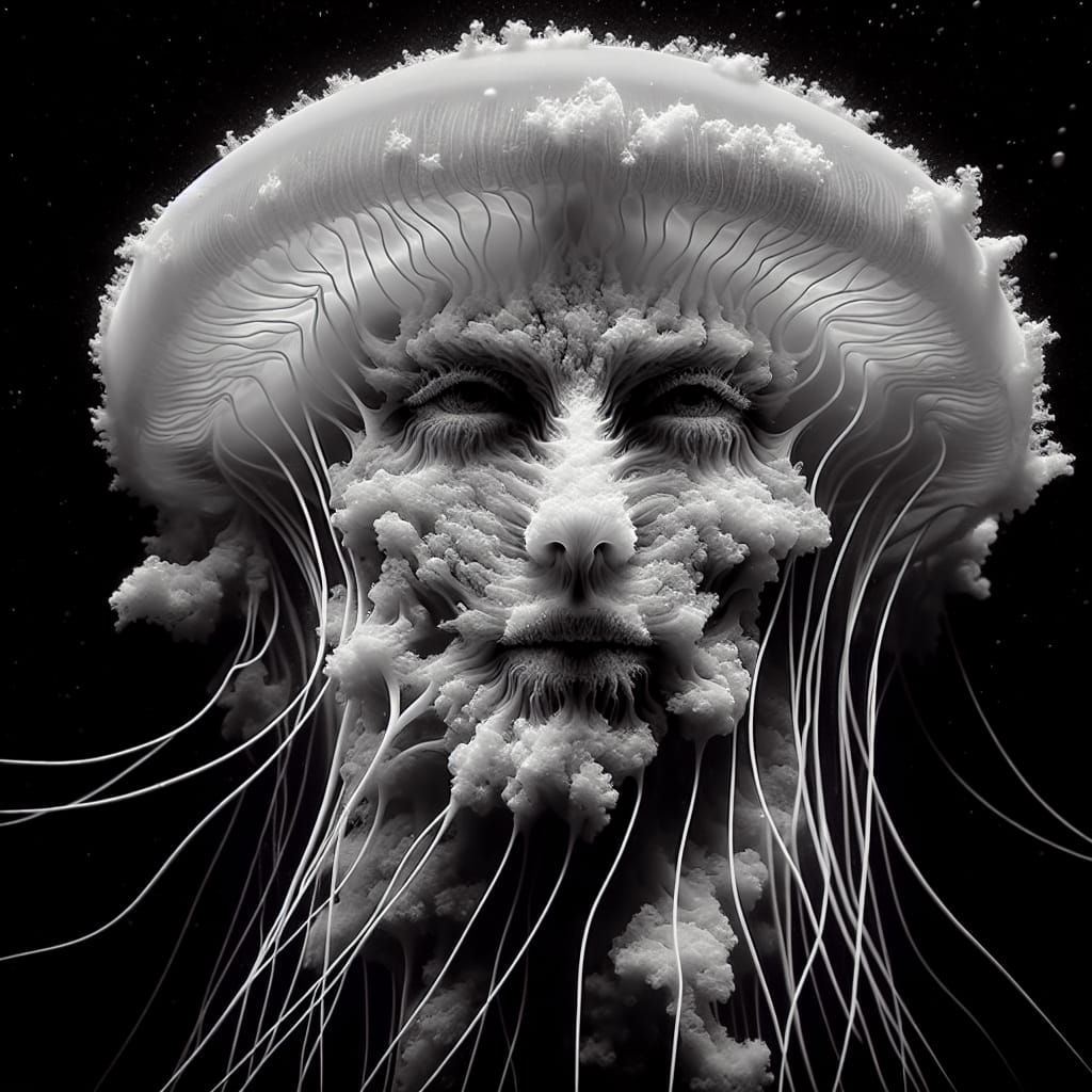 Intricate Monochrome Jellyfish Portrait with Human Features