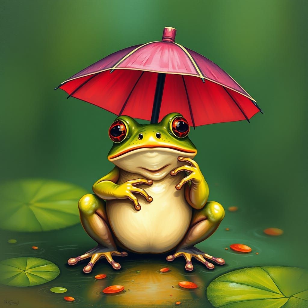 Bengali-Inspired Frog Under Umbrella