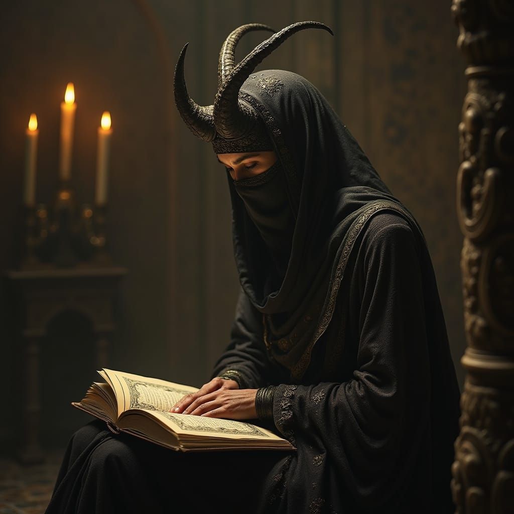 Mystical Female Figure Reading Quran in Intricate Islamic At...