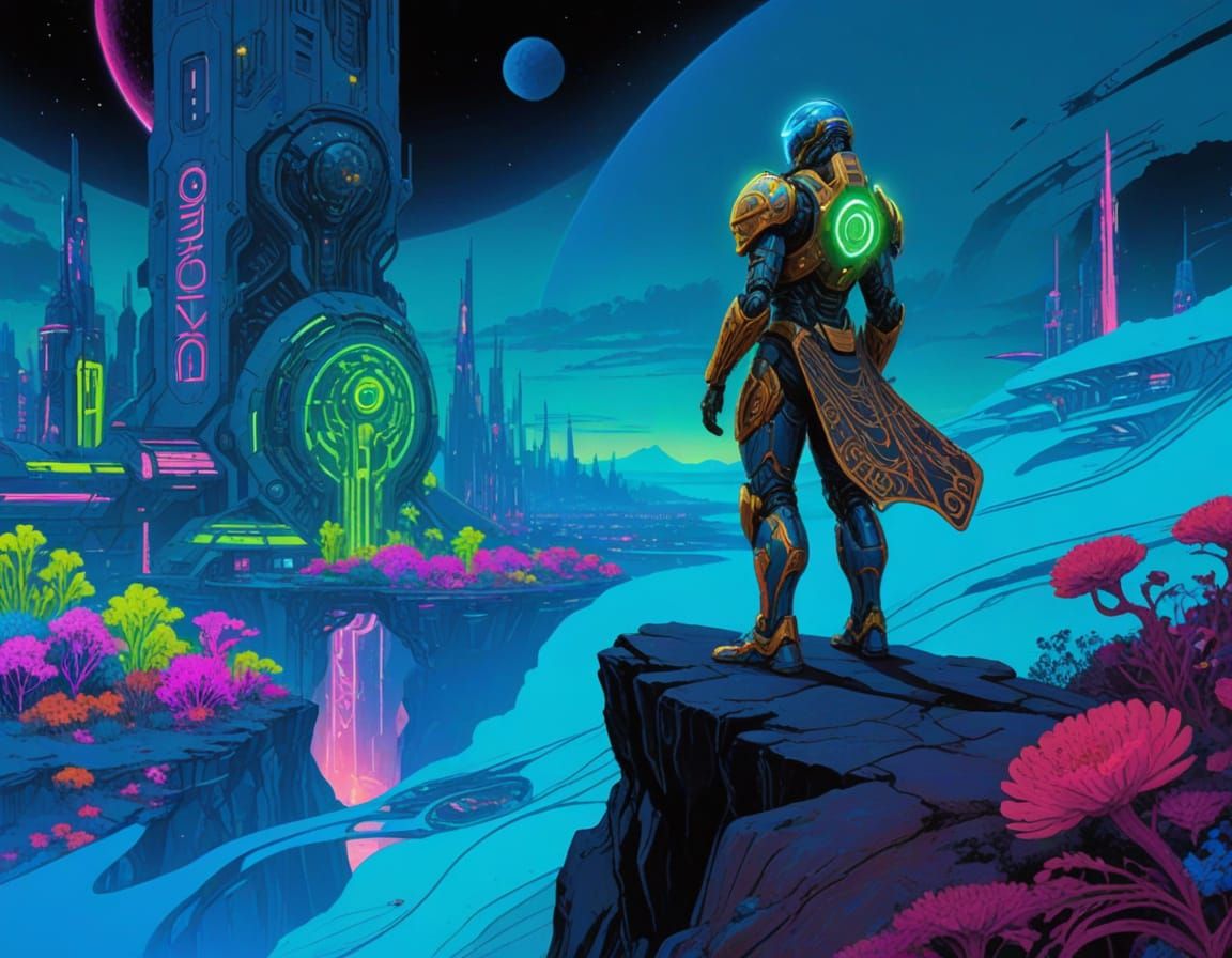 Cyborg Adventurer on Cliff Overlooking Alien City